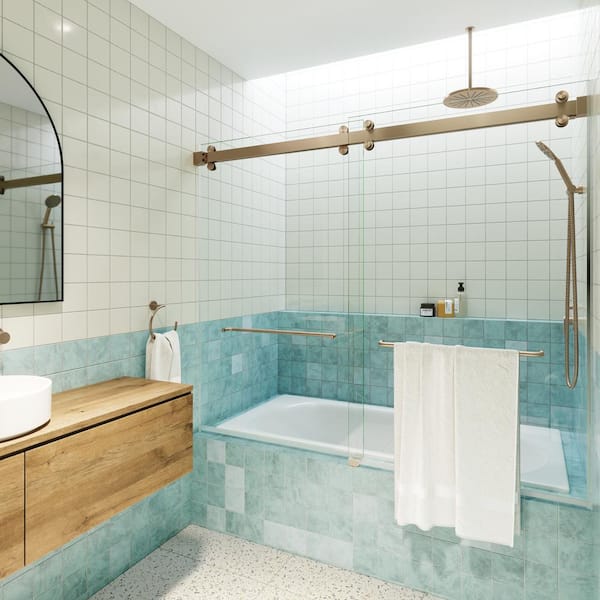 Polaris 60 in. W x 60 in. H Sliding Frameless Bathtub Door with Square Hardware in Brushed Bronze with Clear Glass