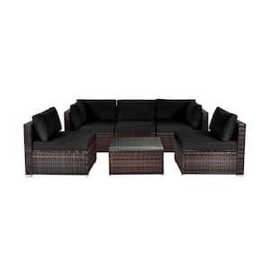 6-Piece Wicker Patio Conversation Set with Black Cushions