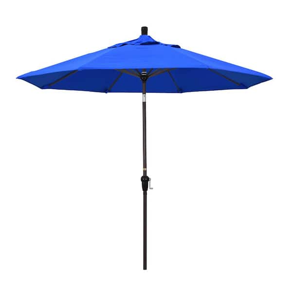 California Umbrella 9 ft. Bronze Aluminum Pole Market Aluminum Ribs Auto Tilt Crank Lift Patio Umbrella in Pacific Blue Sunbrella