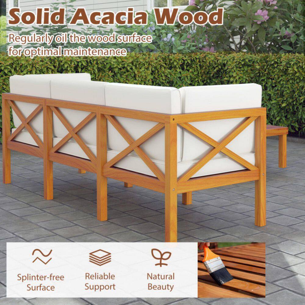 Acacia Wood Outdoor Sectional Set with Off-White Cushions