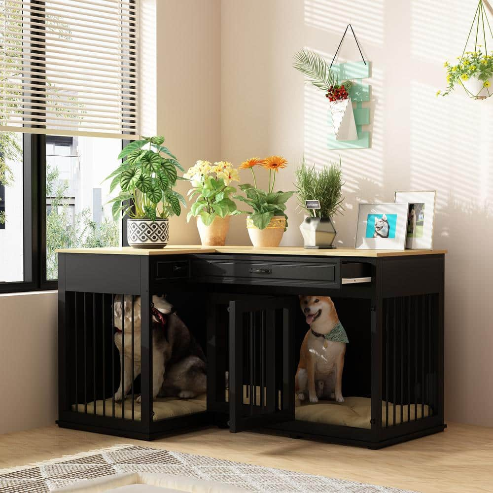 FUFU&GAGA Large Corner Dog Crate Furniture For 2 Dogs With 2 Drawers, Wooden Black Corner Dog Kennel Cage Perfect for Limited Room