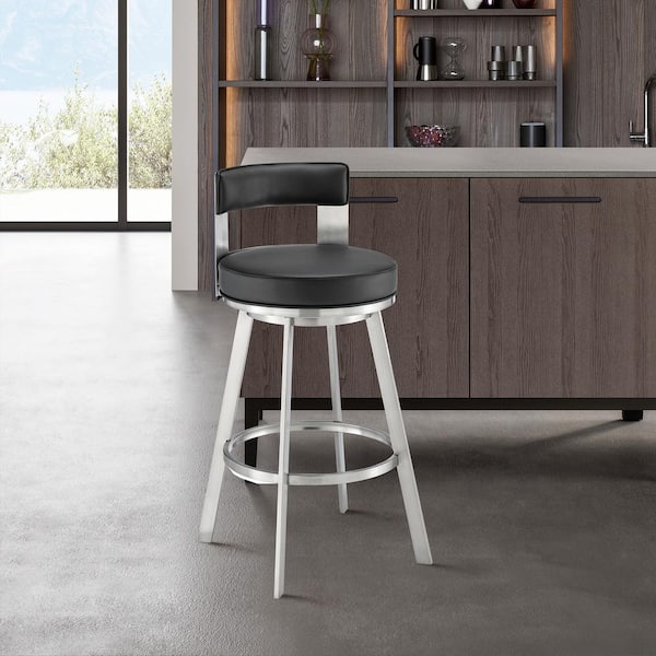 Armen Living Flynn 30 in. Black/Brushed Stainless Steel Low Back Metal Bar Stool with Faux Leather Seat
