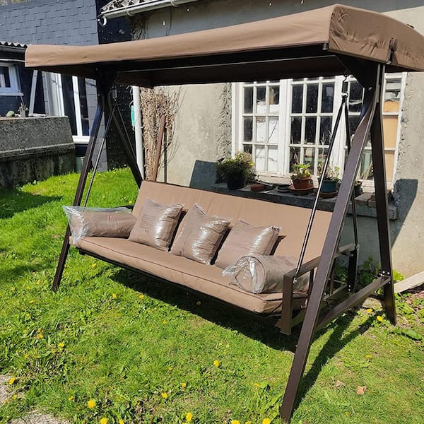 3-Seat Daybed Outdoor Porch Patio Swing Aluminum Adjustable Backrest, Brown