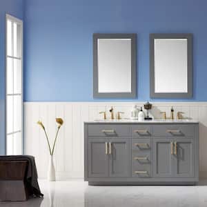 Ivy 60 in. Double Bathroom Vanity Set in Gray and Carrara White Marble Countertop with Mirror