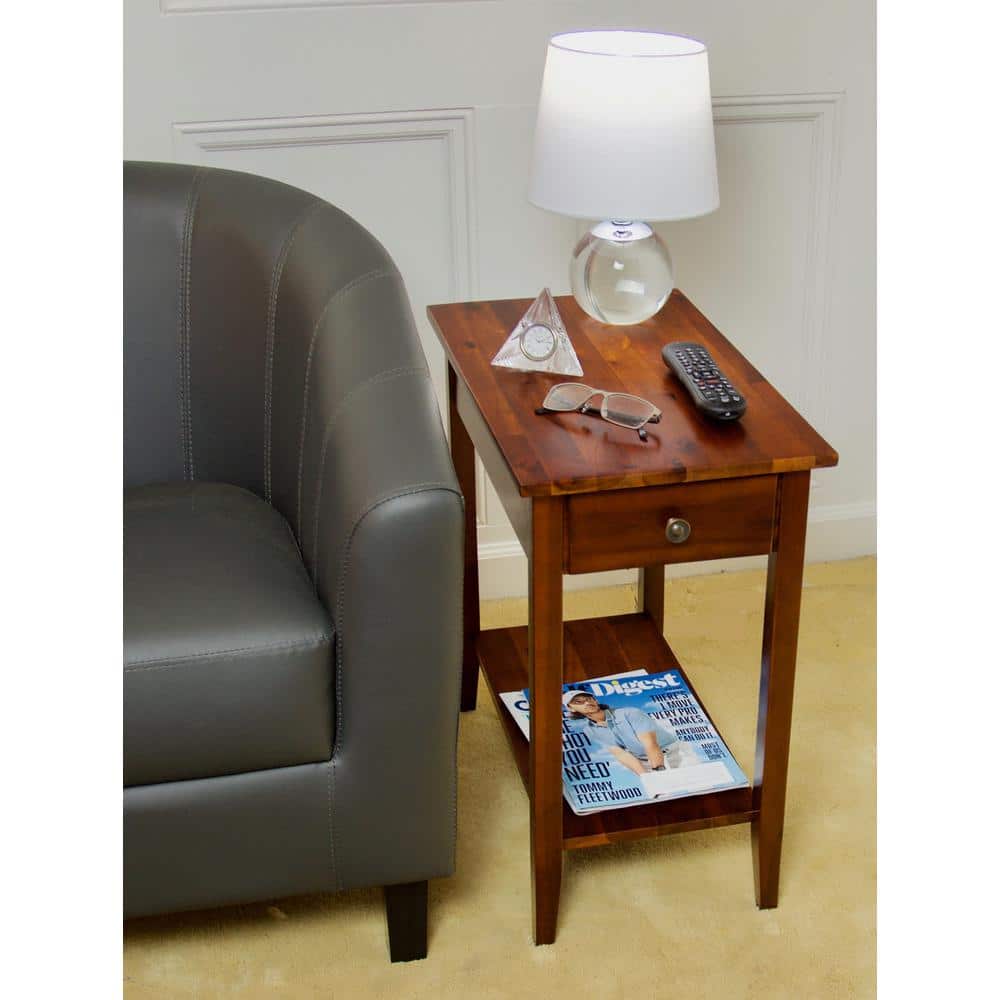 Mahogany Acacia Wood End Table with Drawer and Shelf