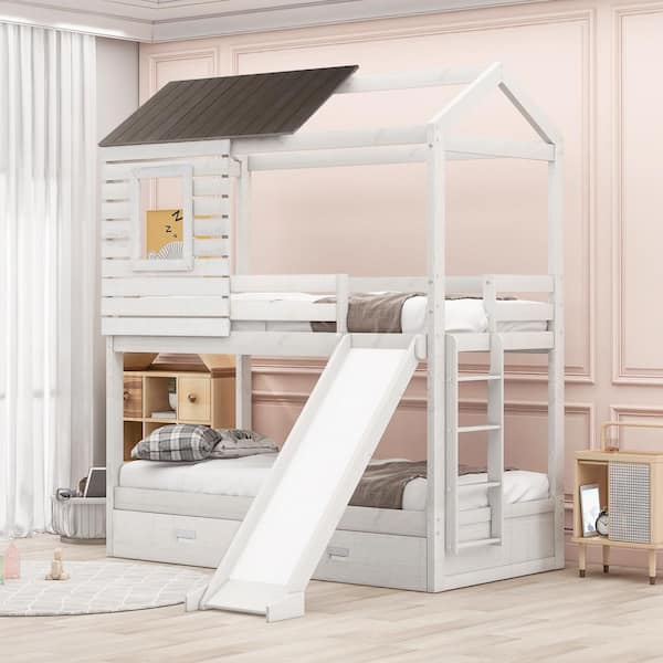 Qualler Antique White Twin Over Twin House Style Bunk Bed with 2Drawers and Slide BLE000089K