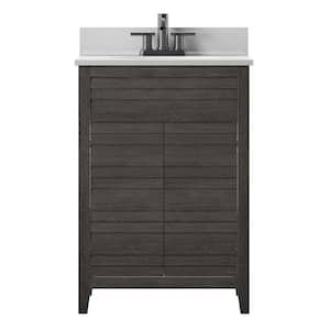 24 in Bath Vanity with Louver Doors in Weathered Gray with Stone Vanity Top in White with Basin