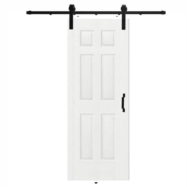 32 in. x 80 in. 6 Panel Hollow Core White Primed MDF Wood Sliding Barn Door Slab with Hardware Kit Set