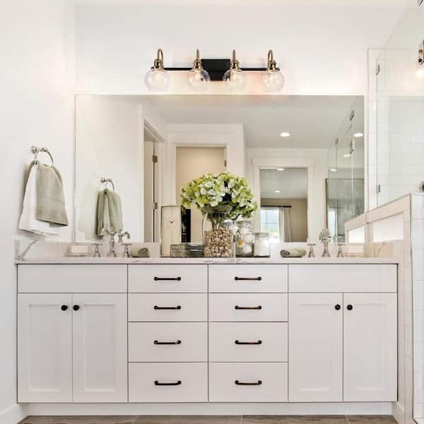 28 in. 4-Light Black Bathroom Vanity Light, Modern Brass Gold Wall Sconce, DIY Farmhouse Powder Room Globe Bath Light