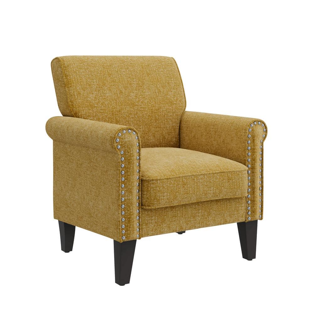 Gold Chenille Barrel Accent Chair with Wood Legs