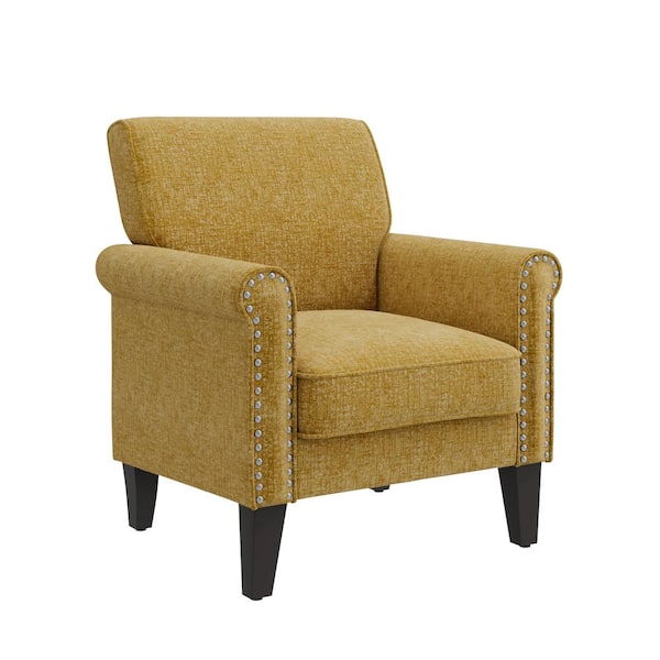 Handy Living Jean Gold Chenille Fabric Traditional Rolled Arm Accent Chair with Nailheads