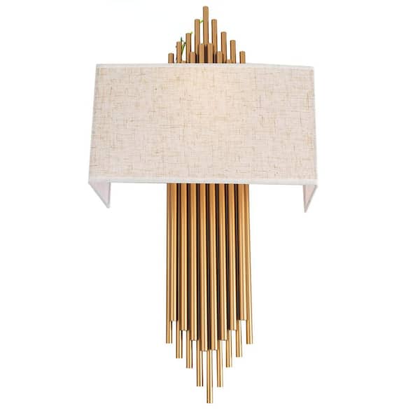 OUKANING 13.7 in. 2-Light Gold Modern Minimalist Wall Sconce with Fabric Shade for Bedroom Hallway Decor