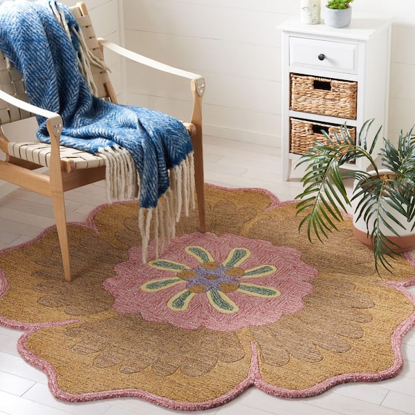Novelty 5 ft. x 5 ft. Gold/Pink Floral Round Area Rug