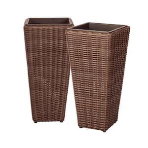 11 in. Mocha Resin Wicker All-Weather Planter Set with Liners (2-Pack)
