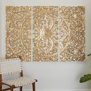 Wood Cream Handmade Intricately Carved Floral Wall Decor with Mandala Design (Set of 3)