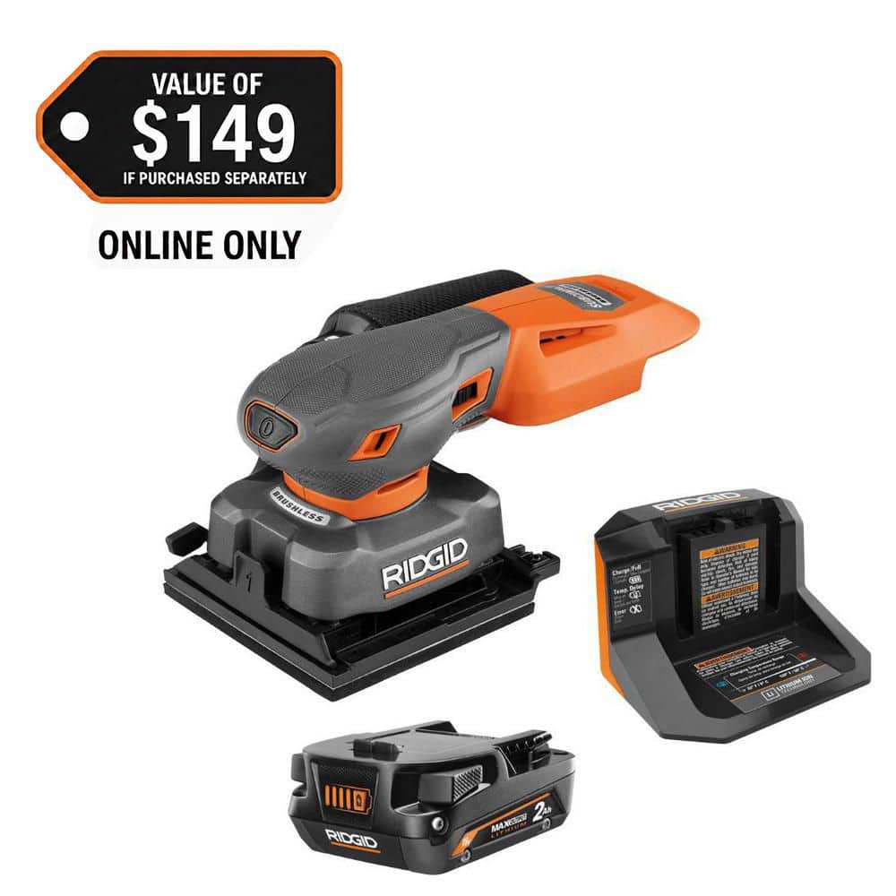 RIDGID 18V Brushless Cordless SubCompact 1/4 in. Sheet Sander Kit with 2 Ah MAX Output Battery and Charger (R87064KSB)