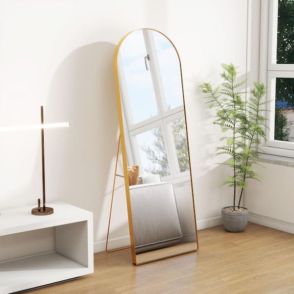 64 in. x 21 in. Full Length Arched Top Frame Bathroom Vanity Mirror with Floor Standing, Hanging or Leaning in Gold