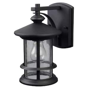 Ryder 1-Light Black Outdoor Wall Lantern Sconce with Seeded Glass