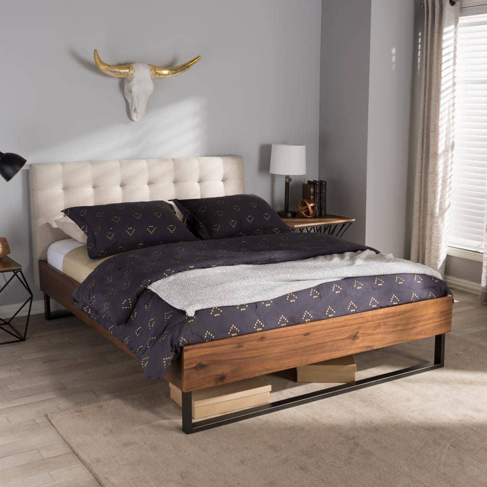 King-Sized Walnut and Beige Faux Leather Tufted Platform Bed