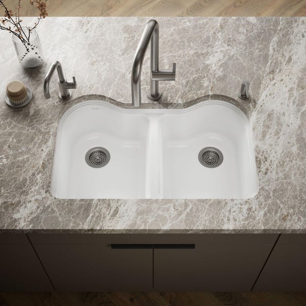 Hartland Undermount Cast Iron 33 in. 5-Hole Double Bowl Kitchen Sink in White