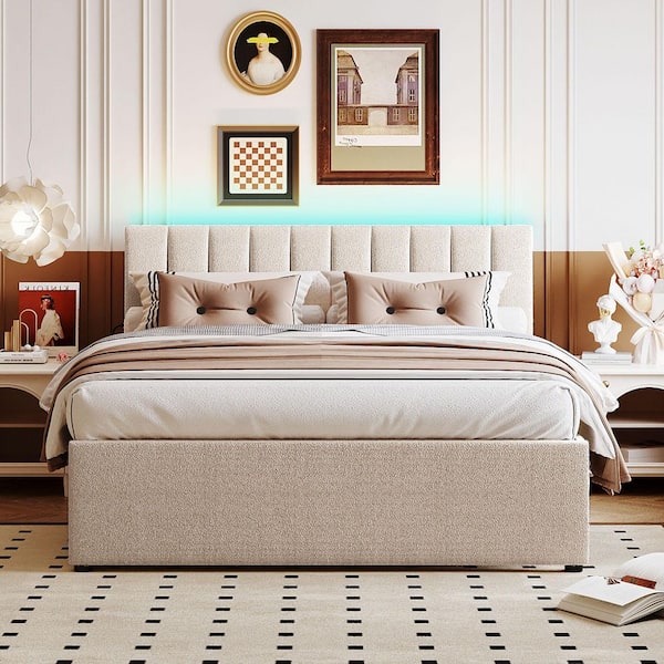 Beige Wood Frame Queen Size Platform Bed with Twin Xl Trundle