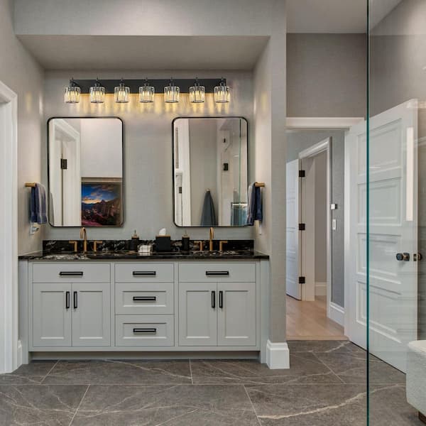 Orillia 51.2 in. 7-Light Black Bathroom Vanity Light with Crystal Shade Wall Sconce Over Mirror