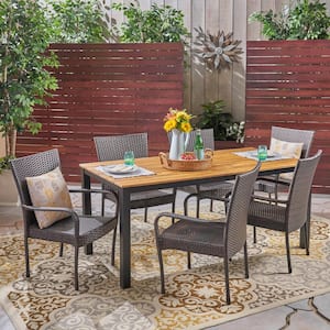 Coleman 7-Piece Teak Brown Wood and Grey Faux Rattan Outdoor Dining Set