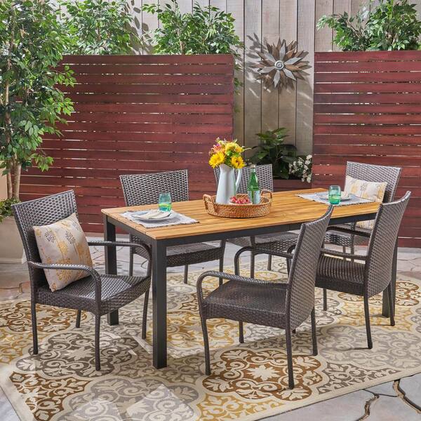 Noble House Coleman 7-Piece Teak Brown Wood and Grey Faux Rattan Outdoor Dining Set