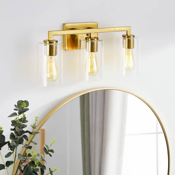 KAWOTI 20.75 in. 3-Light Antique Brass Vanity Light with Clear Glass Shade