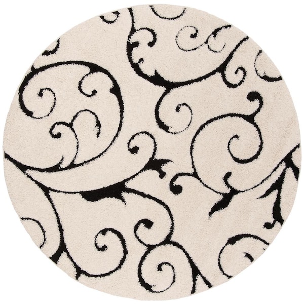 SAFAVIEH Florida Shag Ivory/Black 5 ft. x 5 ft. Round Floral Area Rug