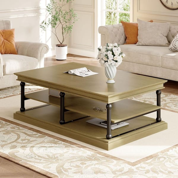 Selms Modern 55.1 in. Rectangle MDF Wood Coffee Table with Open Storage Shelves, Brown Plus Black
