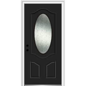 36 in. x 80 in. Right-Hand Inswing Rain Glass Black Fiberglass Prehung Front Door on 4-9/16 in. Frame