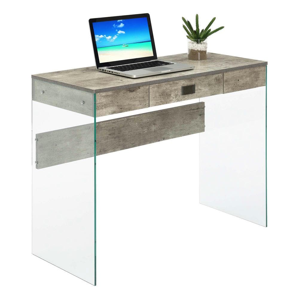 Weathered Gray Faux Birch 36" Glass Desk with Drawer