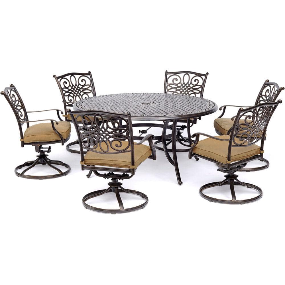 Hanover 7-Piece Tan Aluminum Outdoor Dining Set with Swivel Rockers
