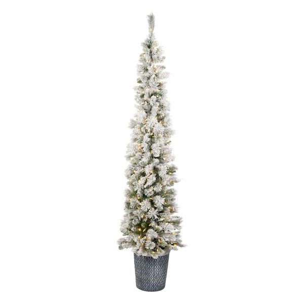 National Tree Company 7 ft. Pre-lit Artificial Snowy Methow Pencil Hinged Entrance Tree, 250 Warm White LED Lights-UL