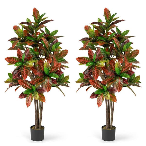 5 ft. Artificial Croton Tree, Faux Plant with Gradient Leaves in Nursery Pot for In-Outdoor Decor (2-Pack)