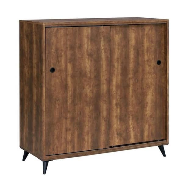 47 in. H x 16 in. W Oak Brown Wood Shoe Storage Cabinet with 2-Sliding Doors and Splayed Legs