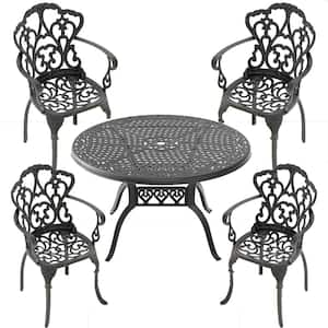 5-Piece Black Cast Aluminum Outdoor Dining Set, Patio Furniture with 48.03 in. Round Table and Random Color Cushions