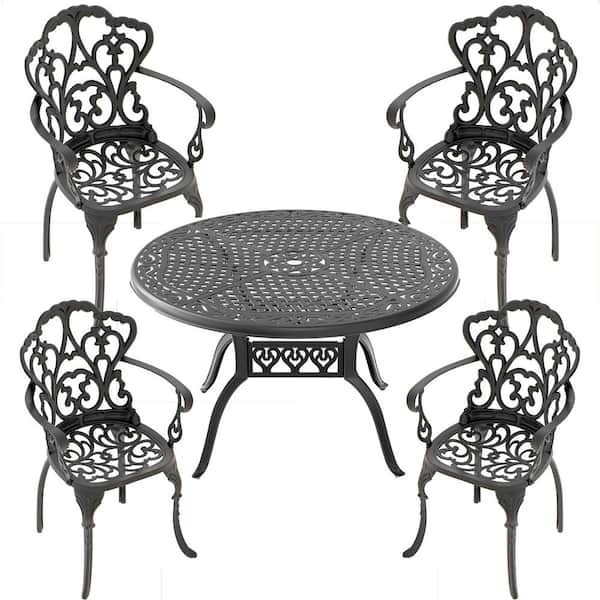 ToolCat 5-Piece Black Cast Aluminum Outdoor Dining Set, Patio Furniture with 48.03 in. Round Table and Random Color Cushions