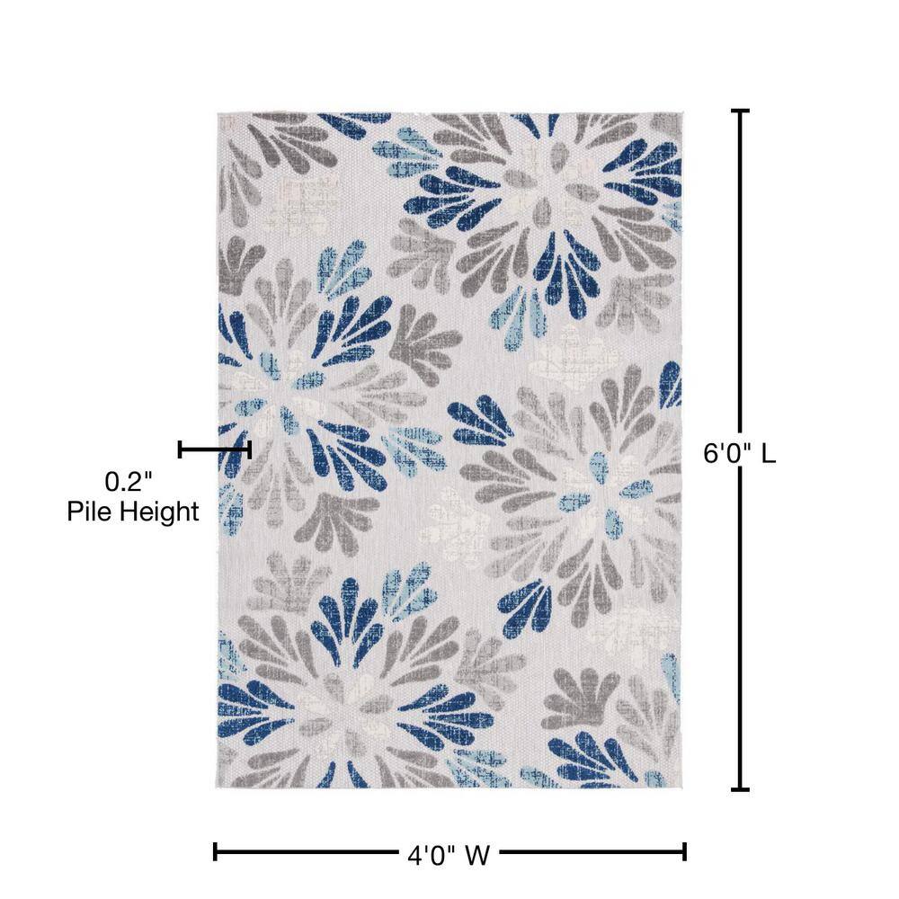 Grey and Blue Floral Synthetic 4' x 6' Easy-Care Area Rug