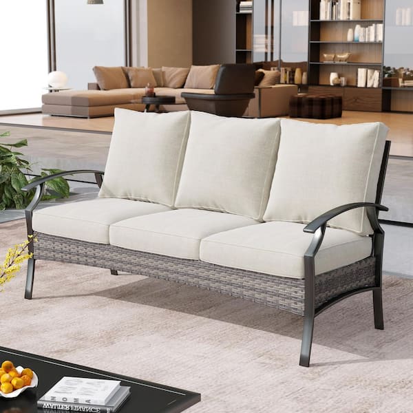 Black Metal Outdoor Patio 3-Seat Sofa Couch with Beige Cushions