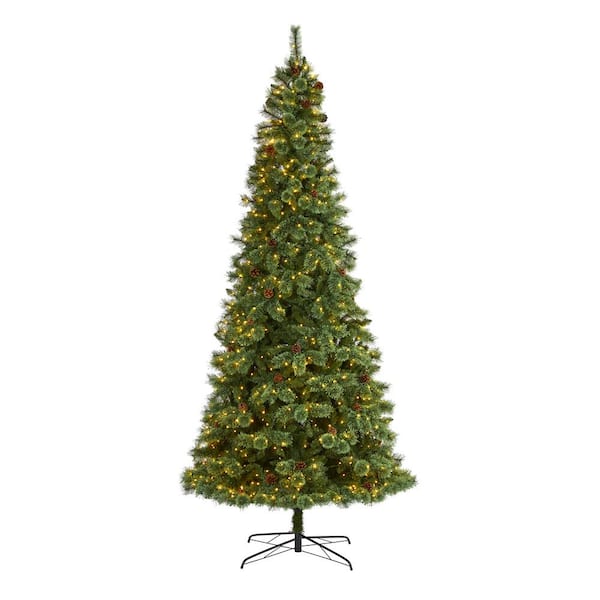 Nearly Natural 10 ft. Pre-Lit White Mountain Pine Artificial Christmas Tree with 850 Clear LED Lights and Pine Cones