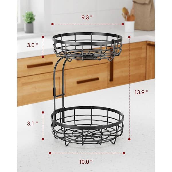 2 Piece 2-Tier Large Capacity Rust-Proof Metal Fruit Basket with Detachable Banana Hanger Kitchen Counter Set Black