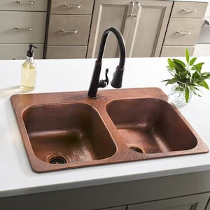 Angelico 33 in. 1-Hole Drop-In Double Bowl 17 Gauge Antique Copper Kitchen Sink