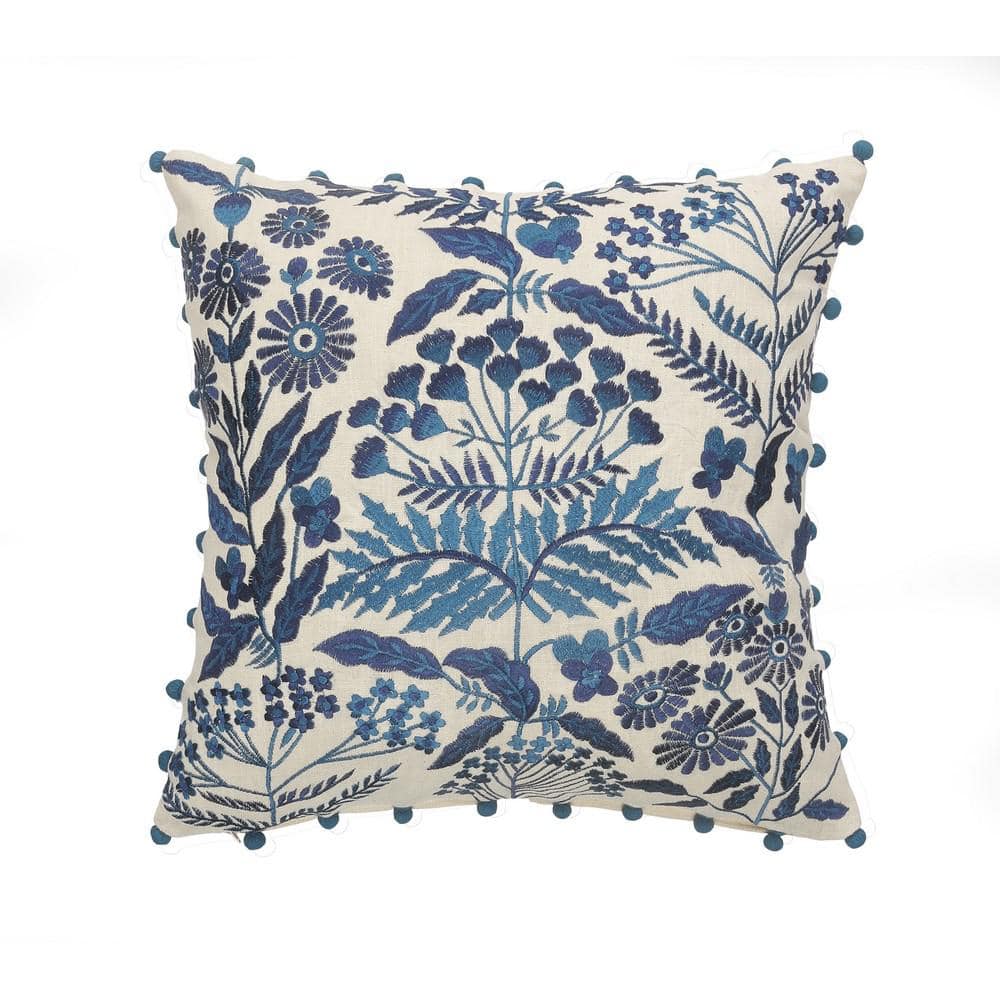 Bohemian Off-White and Navy Floral Soft Poly-Fill 20 in. x 20 in. Indoor  T