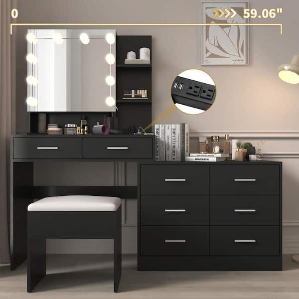 Karl home 2-Piece Black Makeup Vanity Set with Combination Cabinet