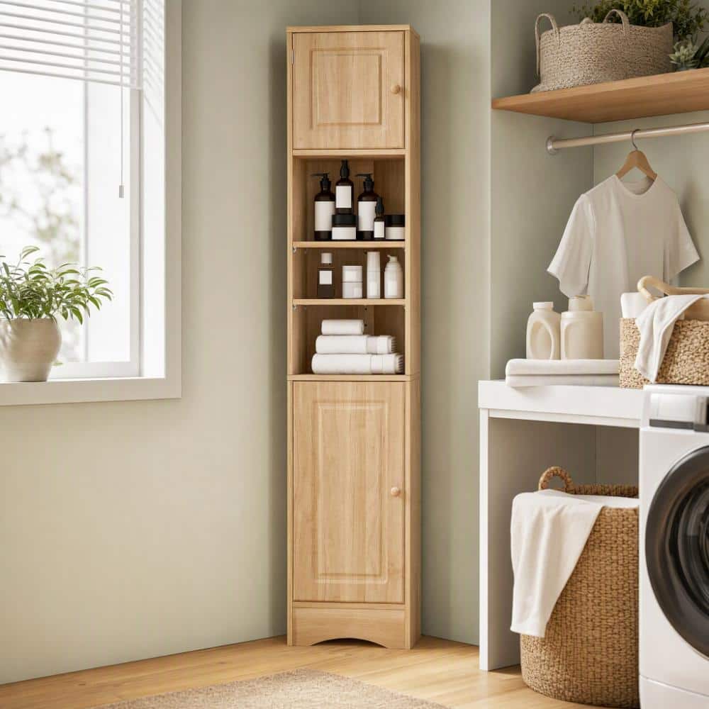 14.6 in.W x 9.4 in.D x 66.9 in.H Natural Tall Bathroom Corner Linen Cabinet with 2-Door Open Shelf Adjustable Shelves