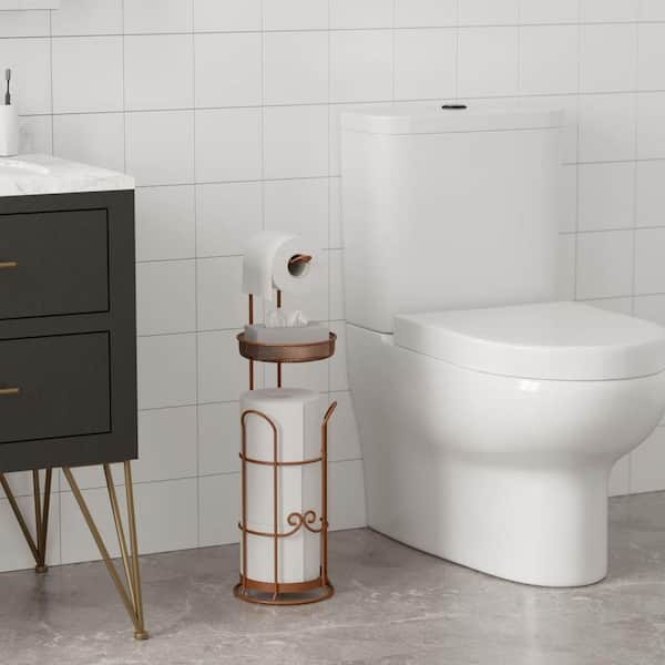 Modern White & Rose Gold Slim Bathroom Storage Cabinet Freestanding Toilet Paper Holder