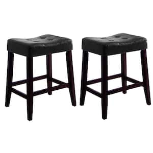 25.8 in. H Black and Brown Wooden Stools with Saddle Seat and Button Tufts (Set of 2)