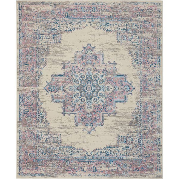 9 ft. x 12 ft. White Floral Medallion Distressed Non Skid Area Rug